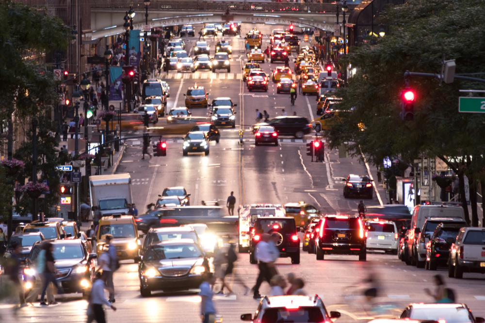Busy,Evening,Cityscape,With,Cars,And,People,On,42nd,Street