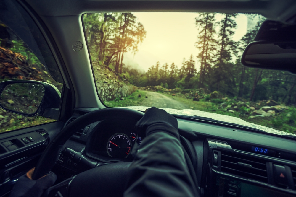 Driving,Car,On,The,Forest,Mountain,Trail,,China